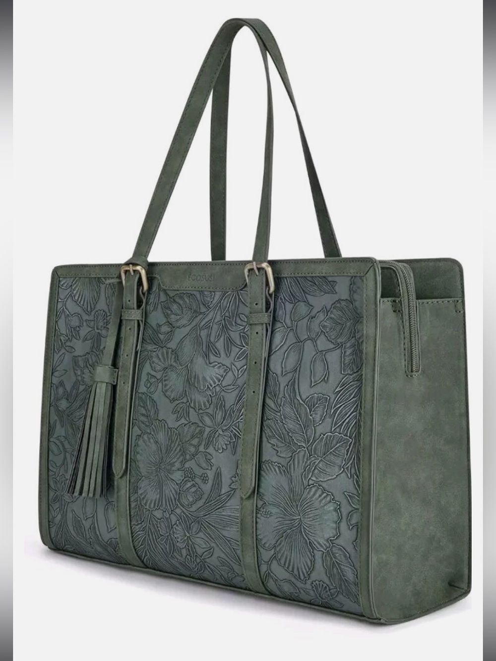 Ecosusi Elegant Embossed Faux Leather Laptop Tote Bag in Dark Green